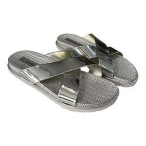 Carolina Bay Size 10 Silver Slide Sandals Crisscross Metallic‎ Futuristic Y2K